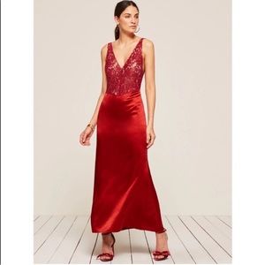 Reformation Dress Aura Lace Bodice Silk Maxi Crimson Red New